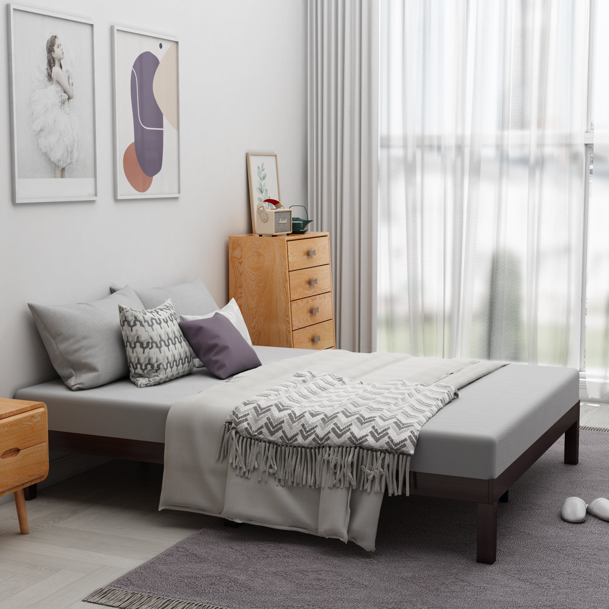 Queen Size Wood Platform Bed Frame, No Box Spring Needed, Strong Wood Slat Support, Easy Assembly - Atlantic Fine Furniture Inc