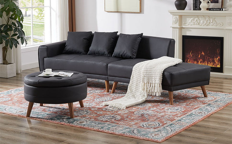 Contemporary Sofa Stylish Sofa Couch With A Round Storage Ottoman And Three Removable Pillows For Living Room, Black