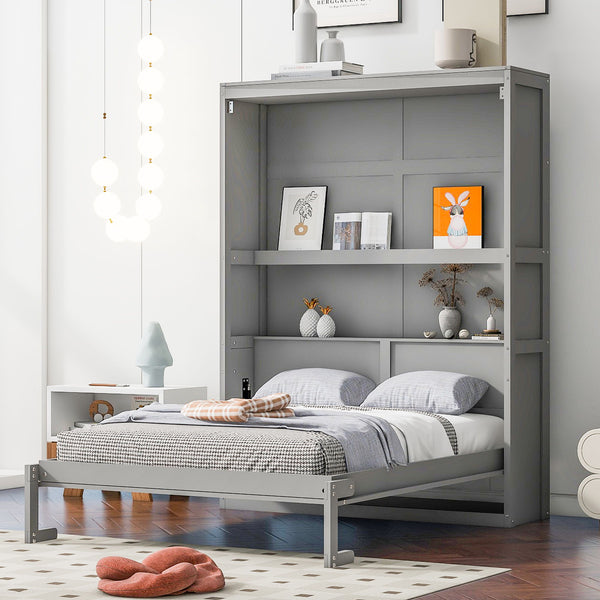 Full Size Murphy Bed Wall Bed With Shelves, Gray