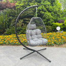 Outdoor Patio Wicker Folding Hanging Chair,Rattan Swing Hammock Egg Chair With C Type Bracket, With Cushion And Pillow - Atlantic Fine Furniture Inc