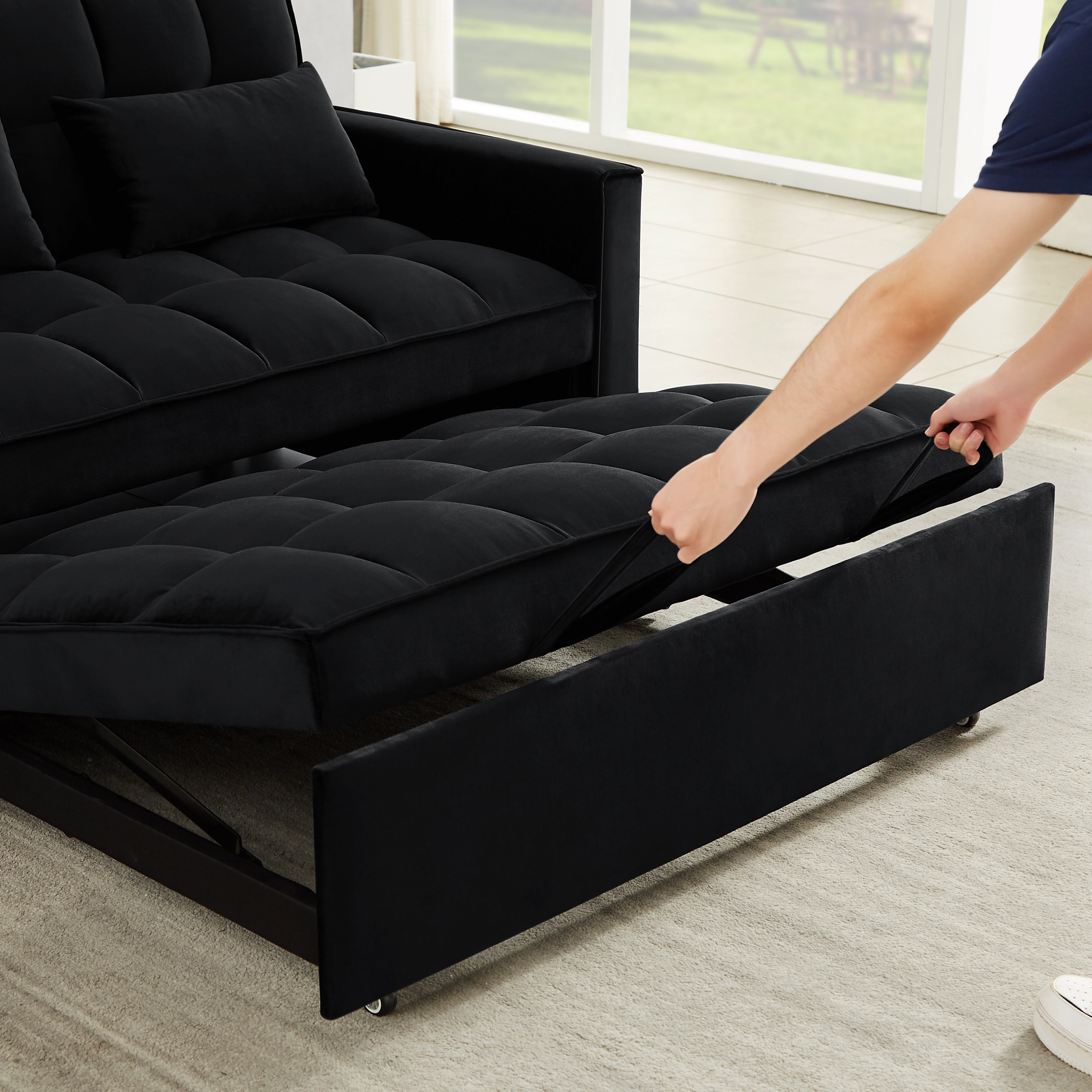 Modern Velvet Convertible Loveseat Sleeper Sofa Couch with Adjustable Backrest, 2 Seater Sofa With Pull-Out Bed with 2 Lumbar Pillows For Small Living Room & Apartment - Atlantic Fine Furniture Inc