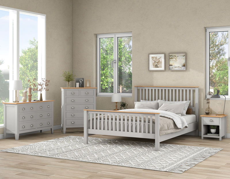 5 Pieces Country Gray With Oak Top Bedroom Sets, Full Bed, Nightstand X 2, Chest And Dresser