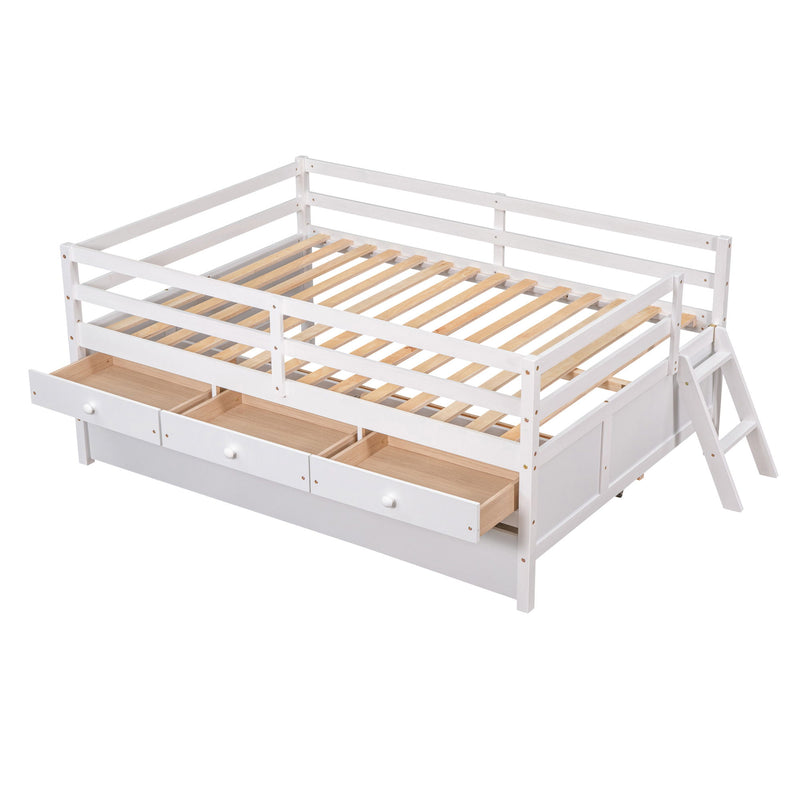 Low Loft Bed Full Size With Full Safety Fence, Climbing Ladder, Storage Drawers And Trundle White Solid Wood Bed