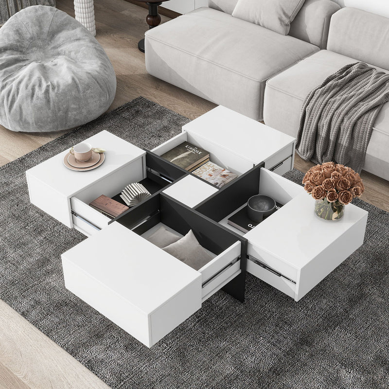 On-Trend Unique Design Coffee Table With 4 Hidden Storage Compartments, Square Cocktail Table With Extendable Sliding TableTop , Uv High-Gloss Design Center Table For Living Room