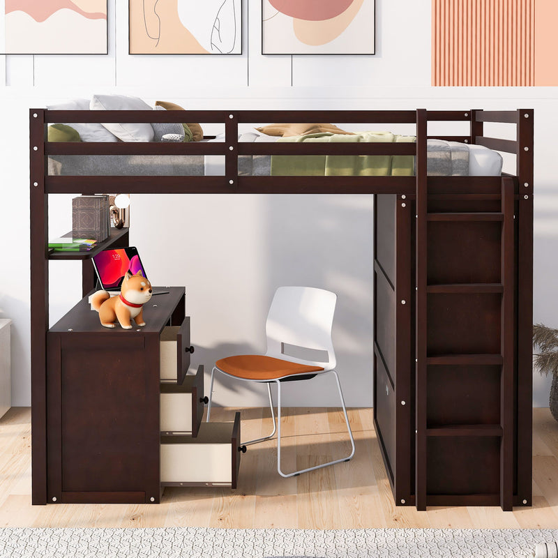 Full Size Loft Bed With Drawers, Desk, And Wardrobe-Espresso