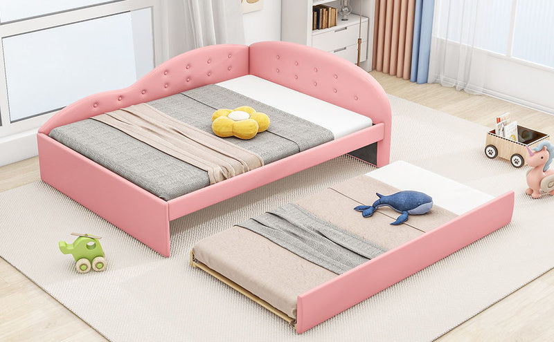 Full Size PU Upholstered Tufted Daybed With Trundle And Cloud Shaped Guardrail, Pink
