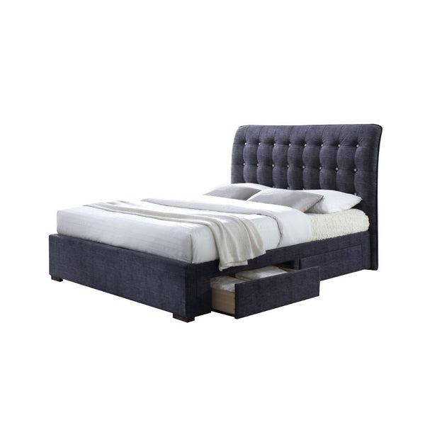 The Drorit platform bed is stunning with its soft, sleigh style, button tufted headboard. This bed also features storage side rails and footboard wrapped in the same fabric. Bring a touch of class and character to your home with this remarkable bed.