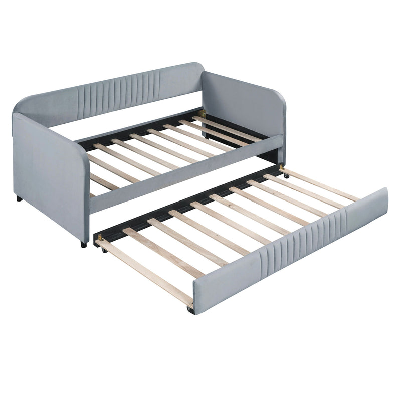 Upholstered Daybed Sofa Bed Twin Size With Trundle Bed And Wood Slat, Gray