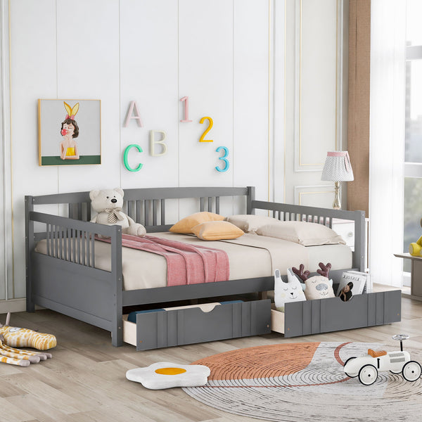 Full Size Daybed Wood Bed With Two Drawers - Gray