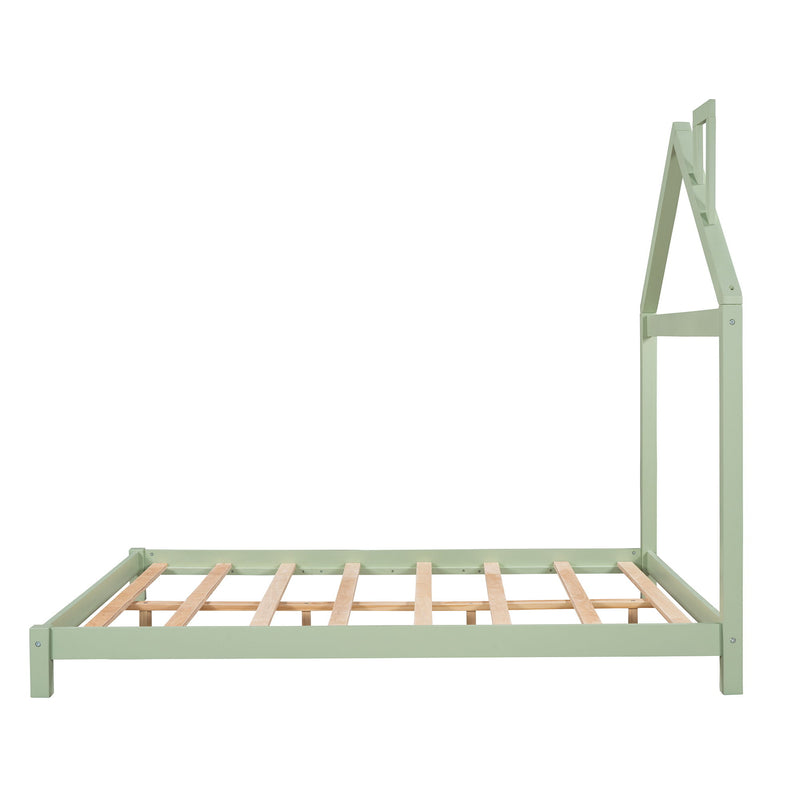 Full Size Wood Platform Bed With House Shaped Headboard (Green)