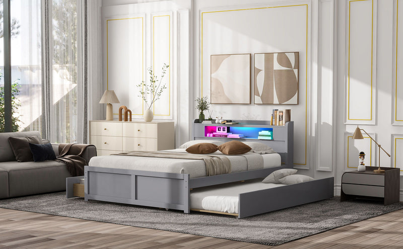 Queen Size Wood Storage Platform Bed With Led, 2 Drawers And 1 Twin Size Trundle, Gray