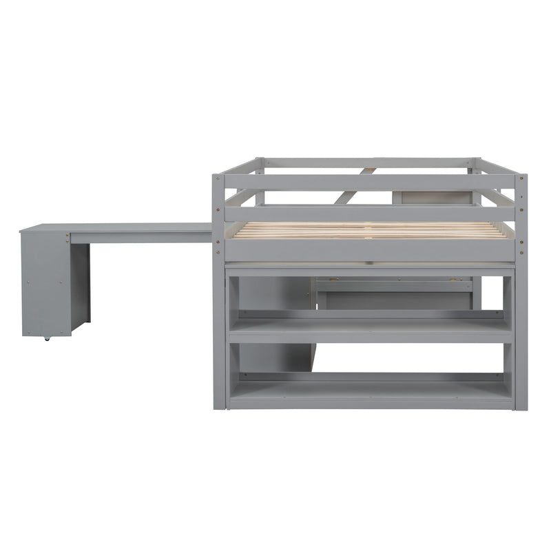 Full Size Loft Bed With Retractable Writing Desk And 3 Drawers, Wooden Loft Bed With Storage Stairs And Shelves, Gray