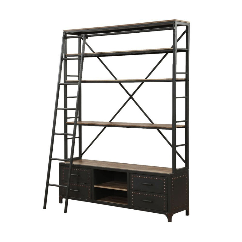 Depict the gentle flow of industrial modern decor with the Actaki bookshelf and ladder set. Industrial modern shelving unit with 4 drawers with Nailhead trim and 2 open shelves provide a unique storage and display to you room. Some assembly required.