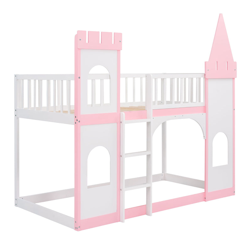 Twin Over Twin Castle Bunk Bed With Ladder - Pink