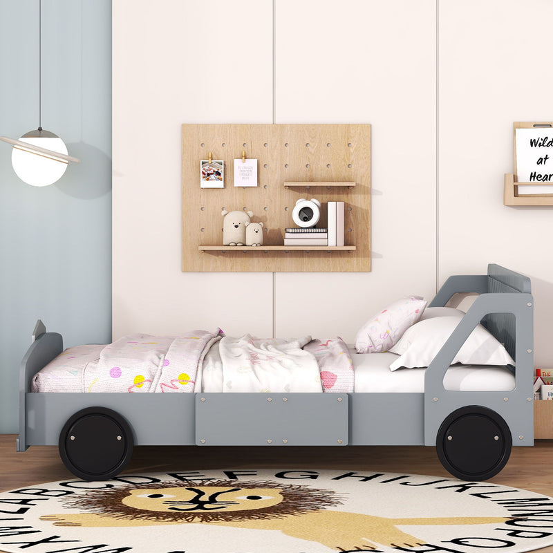 Full Size Car-Shaped Platform Bed With Wheels, Gray
