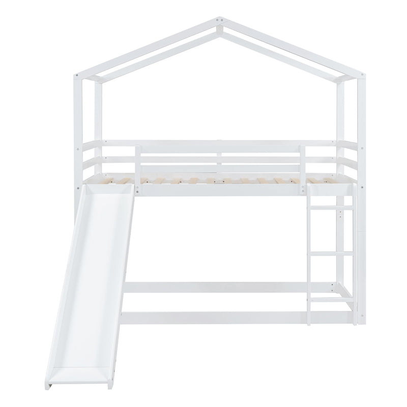 Twin Over Twin Bunk Bed With Roof, Slide And Ladder, White