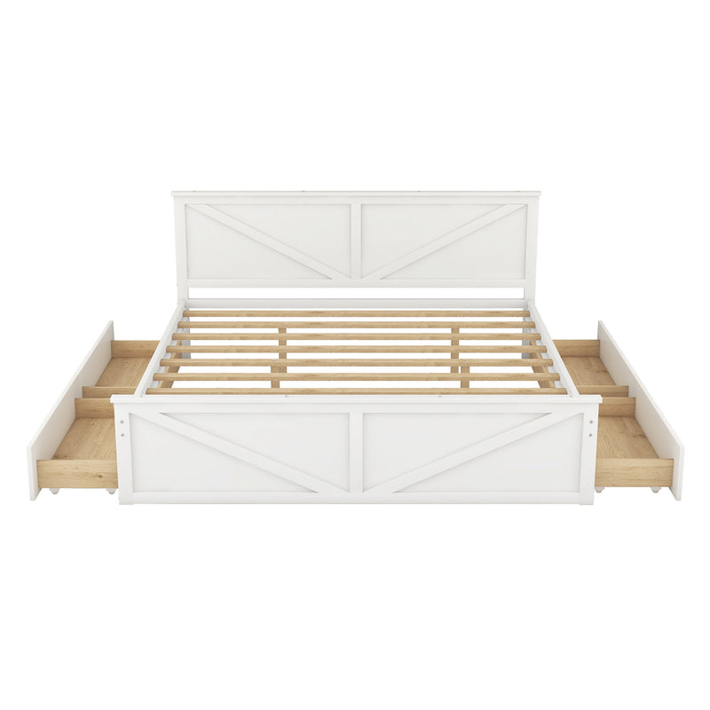 King Size Wooden Platform Bed With Four Storage Drawers And Support Legs, White