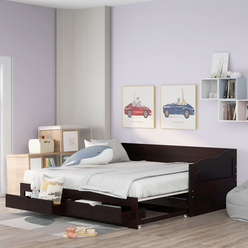 Wooden Daybed With Trundle Bed And Two Storage Drawers, Extendable Bed Daybed, Sofa Bed With Two Drawers, Espresso