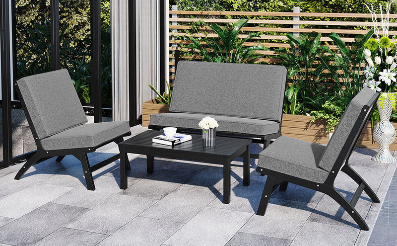 Go 4 Piece V-Shaped Seats Set, Acacia Solid Wood Outdoor Sofa, Garden Furniture, Outdoor Seating, Black And Gray