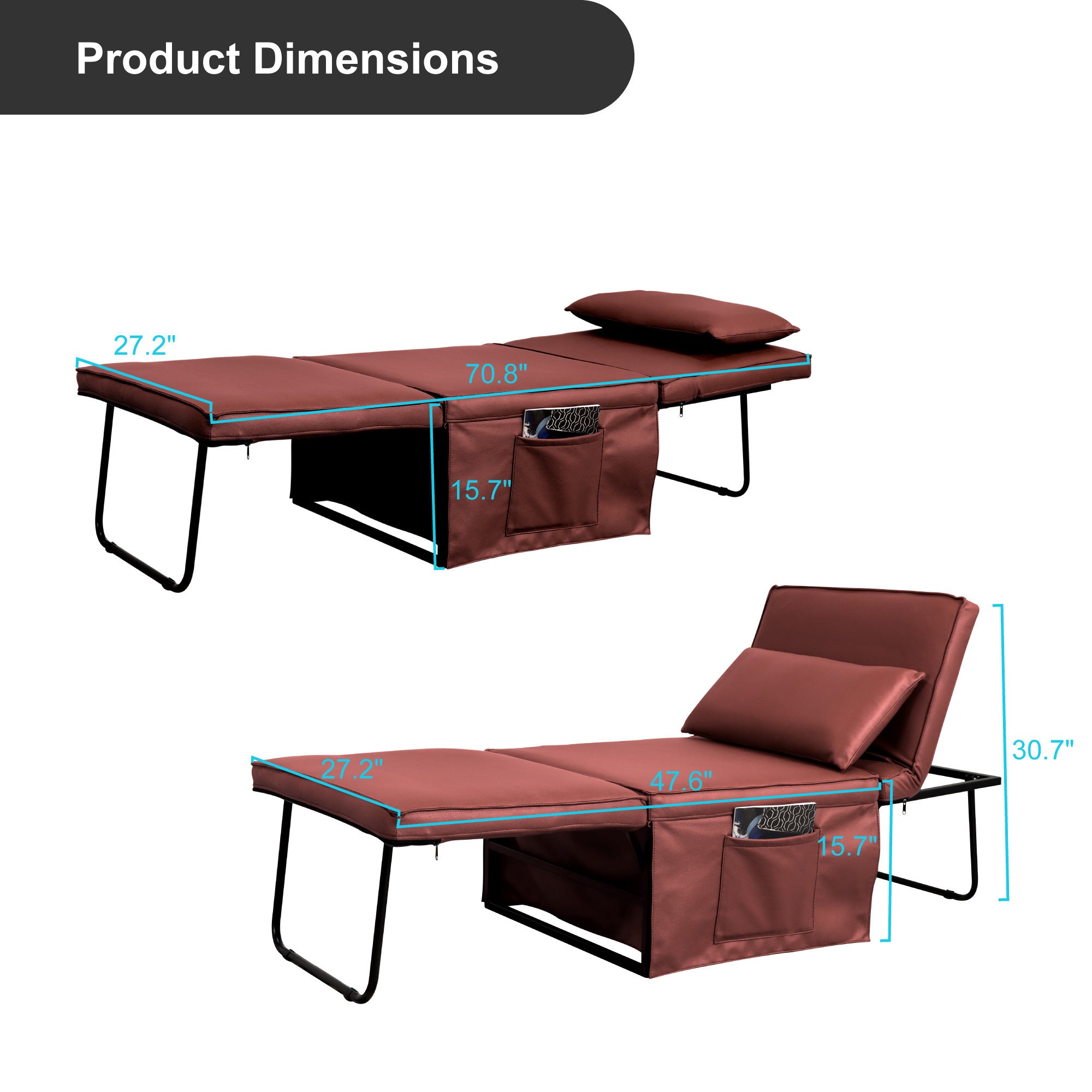 Sofa Bed 4 in 1 Ottoman Sleeper Bed Convertible Chair Bed with Adjustable Back Breathable Sleeper Guest Bed for Small Room, Orange Red - Atlantic Fine Furniture Inc