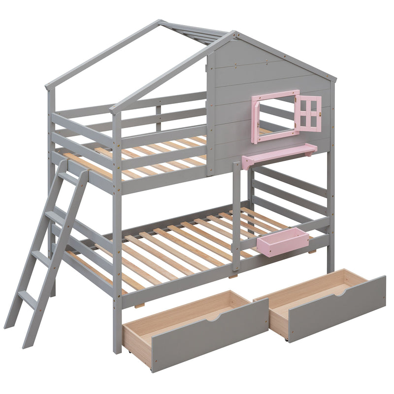 Twin Over Twin Bunk Bed With 2 Drawers, 1 Storage Box, 1 Shelf, Window And Roof - Gray