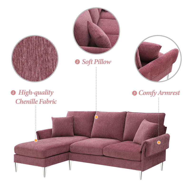 84" Convertible Sectional Sofa, Modern Chenille L-Shaped Sofa Couch With Reversible Chaise Lounge, Fit For Living Room, Apartment (2 Pillows) - Pink