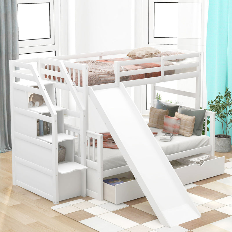 Twin Over Full Bunk Bed With Drawers, Storage And Slide, Multifunction, White