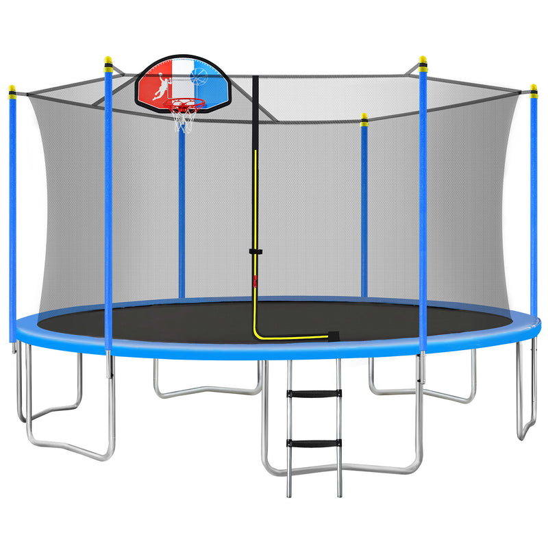 15FT Trampoline For Kids With Safety Enclosure Net - Basketball Hoop And Ladder - Easy Assembly Round Outdoor Recreational Trampoline