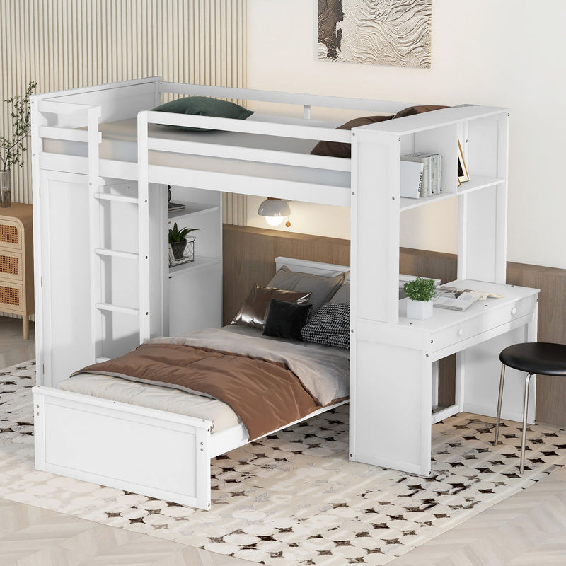 Twin Size Loft Bed With A Stand - Alone Bed, Shelves, Desk, And Wardrobe - White