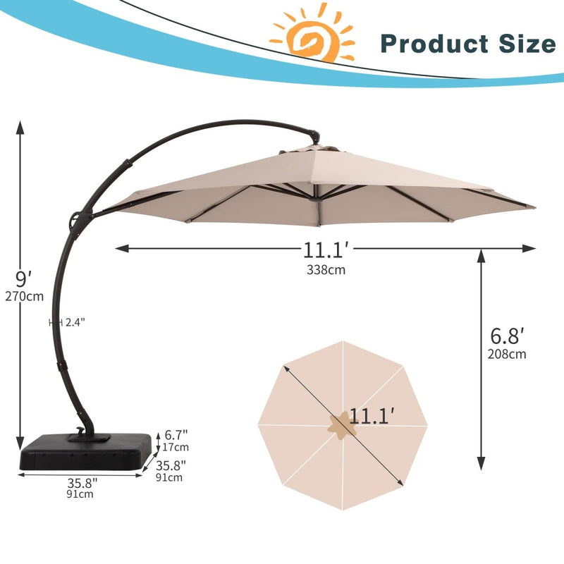 11 FT Deluxe Cantilever Patio Umbrella With Sand Base - Curved Pole, 360° Rotation & Tilt For Pool, Garden, Deck