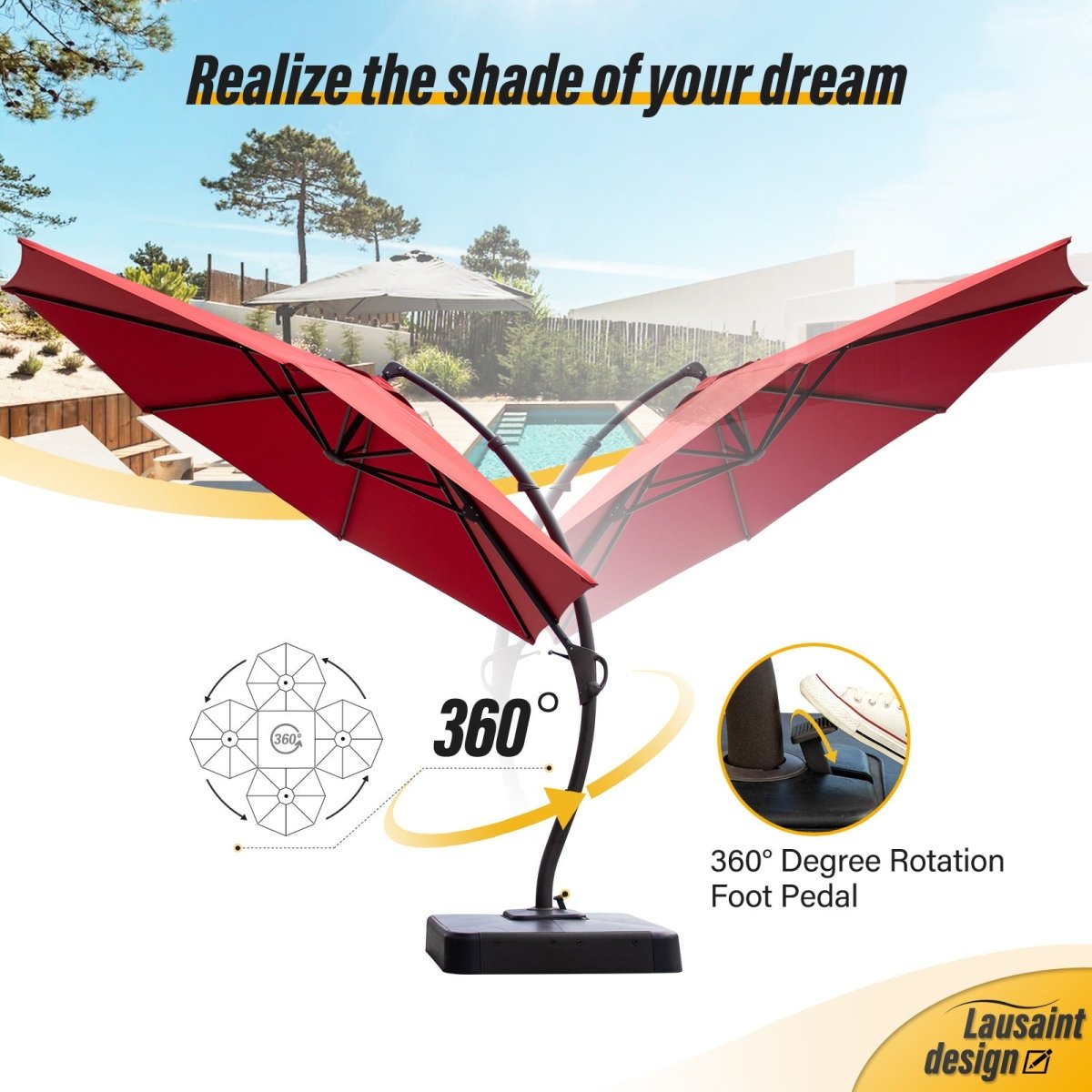LAUSAINT HOME Outdoor Patio Umbrellas, 12FT Outdoor Umbrella with Base Included, Upgraded Curvy Aluminum Offset Cantilever Umbrella with 360°Rotation Deisgn for Garden Pool Backyard Market Deck - Atlantic Fine Furniture Inc