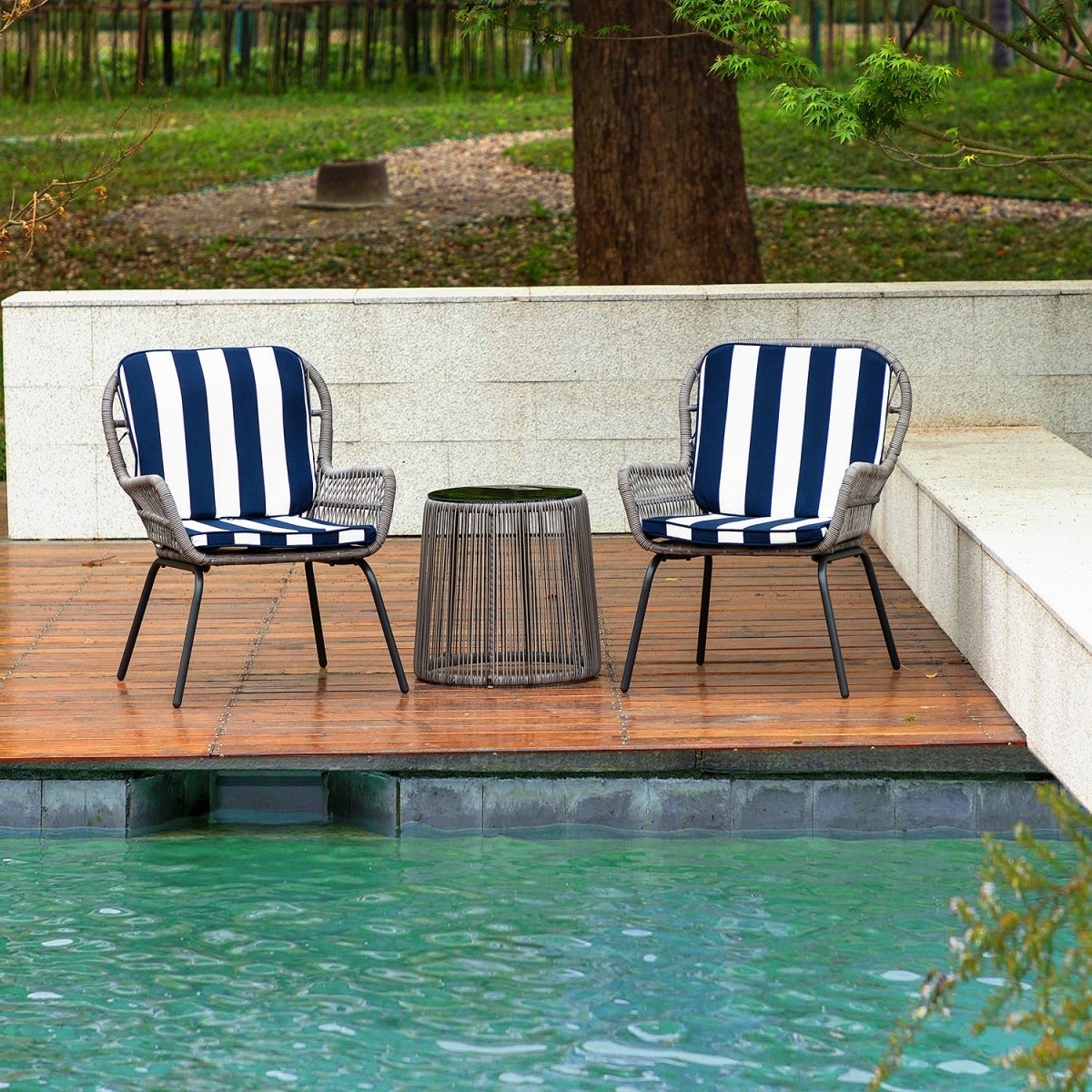Messina Patio Bistro Set 3 Piece Outdoor Rattan Seating Group with Cushions - Atlantic Fine Furniture Inc
