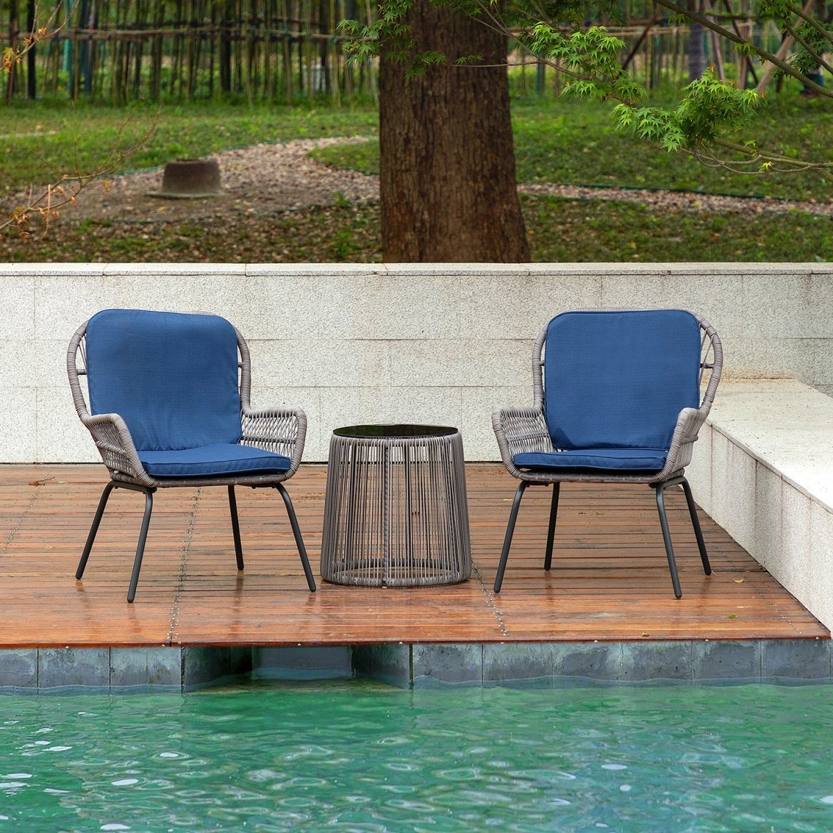 Messina Patio Bistro Set 3 Piece Outdoor Rattan Seating Group with Cushions - Atlantic Fine Furniture Inc
